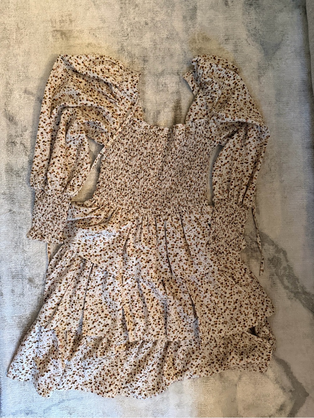 NY Collection Cream Floral Smocked Long-Sleeve Mini Dress